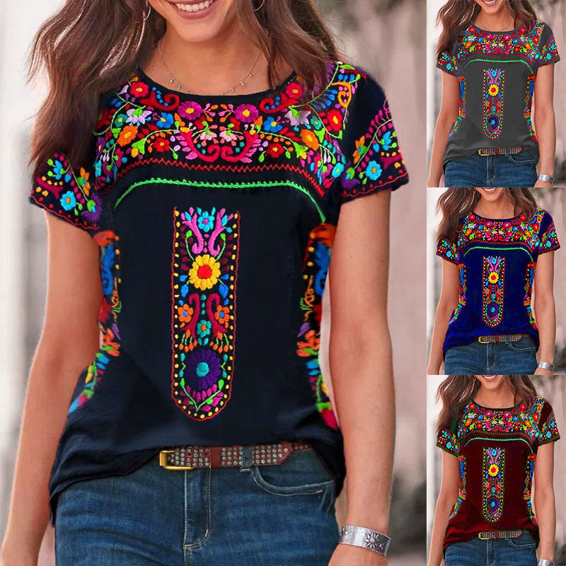 Women's Bohemian Print Round Neck Short Sleeve T-shirt Top